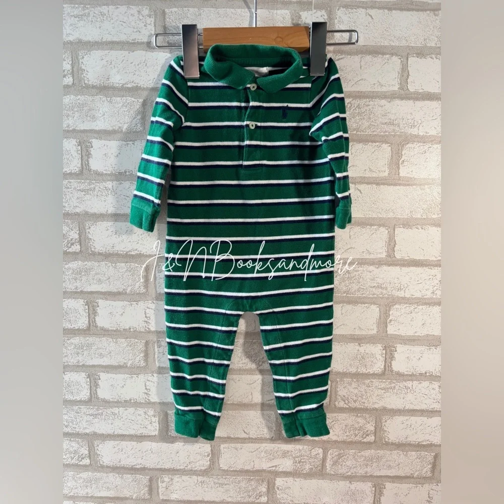 Ralph Lauren Infant Green White Striped Coveralls Size 9M‎